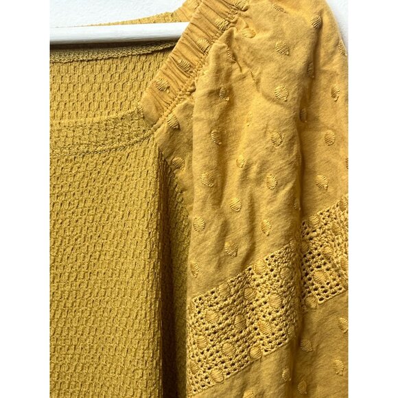 Soleillee Plus Size 2X Yellow Textured Peasant Blouse Puff Sleeve Boho Top - Picture 5 of 13